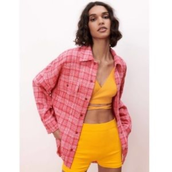 Zara Tweed Textured Woven Plaid Frayed Overshirt Shacket Shirt Jacket Pink S - Picture 15 of 16